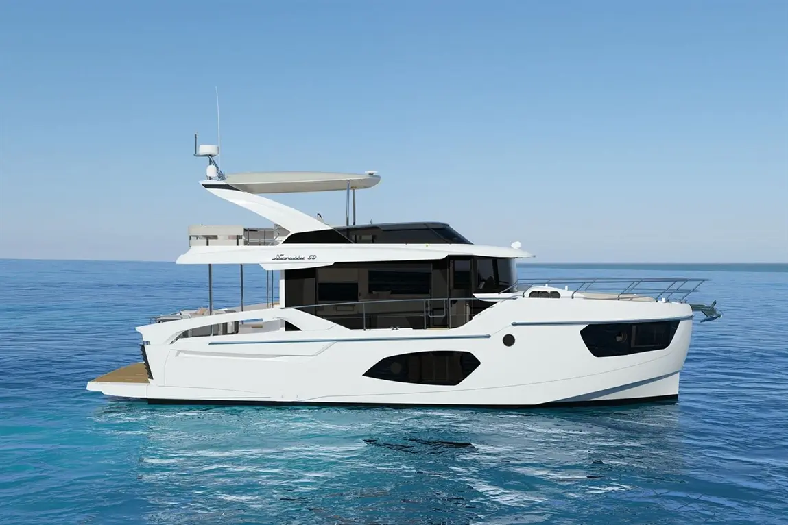 A luxurious white yacht named "Meridian 50" glides over calm blue waters under a clear sky.